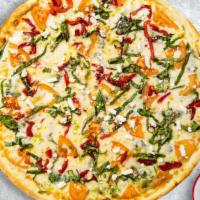 Greek God Pizza · Tzatziki sauce, gyro meat, spinach, fresh sweet onion, black olives, fresh tomatoes, feta ch...