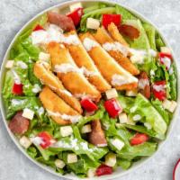 Chicken Crunch Salad · Fresh iceberg lettuce, tomatoes, onion, green peppers, black and green olives and cheese wit...