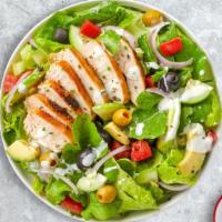 On The Grill Salad · Fresh iceberg lettuce, tomatoes, onion, green peppers, black and green olives and cheese wit...