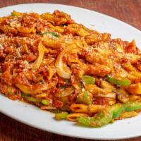 Cacciatore Style · Sautéed with peppers, mushrooms, onions in amid spicy marinara sauce over pasta.