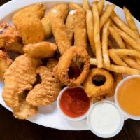 Appetizer Pupu Platter · French fries, onion rings, plus three each of chicken fingers, chicken wings, jalapeño poppe...