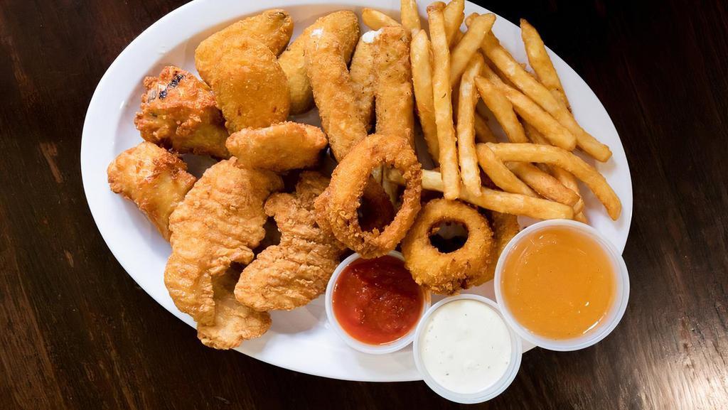 Appetizer Pupu Platter · French fries, onion rings, plus three each of chicken fingers, chicken wings, jalapeño poppers, mozzarella sticks.