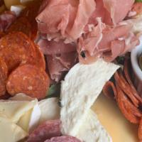Charcuterie Board · cured meats:
prosciutto, sopressata, pepperoni
cheeses:
buffalo mozzarella, brie, smoked gou...