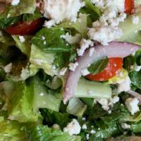Greek Salad · Romaine, tomato, red onion, feta cheese, Kalamata olive, cucumber and Greek vinaigrette. Ser...