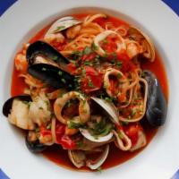 Linguine Pescatore · Clams, mussels, rock shrimp, scallops, calamari, cherry tomatoes.