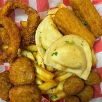Two Cousins Side Order Special · Mozzarella Sticks, fries, pierogies, fried mushrooms, broccoli bites and onion rings