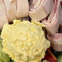 Chef Salad  · Mixed greens, tomatoes, cucumbers, peppers, onions, olives, egg, turkey, deli ham, and Ameri...