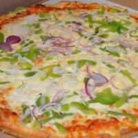 Vegetarian Pizza · Onions peppers mushrooms tomatoes olives broccoli eggplant cheddar and mozzarella cheese.