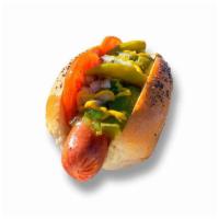 Chicago Doogy · Beef hot dog, poppy seed bun, yellow mustard, relish, diced onion, tomato wedges, dill pickl...