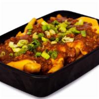 Doogy Chili Cheddar Fries · French fries, chili sauce, scheduled cheddar and green onions.