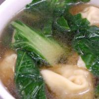 Wonton Soup · Minced pork and shrimp wraps in wonton skin and bok choy in chicken broth.