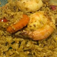 Pineapple Fried Rice Lunch · Fried rice with chicken, shrimp, egg, pineapple, onion, carrot, snow pea, red peppers, and l...
