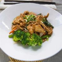 Pad See Ew · Thai fresh thick rice noodles stir - fried in our homemade sweet soy sauce with egg, bean sp...