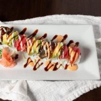 Volcano Roll (8Pc) · Spicy tuna inside and crunchy topped with eel, tuna and avocado, drizzled with chef's specia...