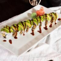 Green Dragon Rolle (8Pc) · Eel, avocado and cucumber wrapped with thin slices of avocado and dressed with eel sauce.
