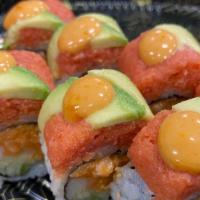  Earthquake Roll · Spicy salmon, crab stick, cucumber, (spicy tuna, avocado).