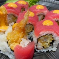  Red Devil Roll · Shrimp tempura, crab stick ( cajun, tuna, tobiko).