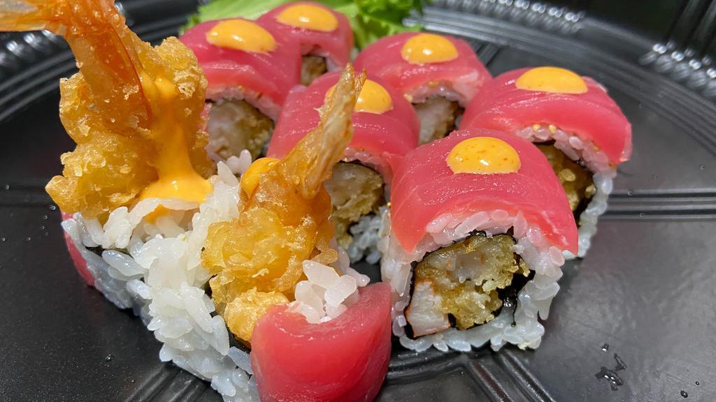  Red Devil Roll · Shrimp tempura, crab stick ( cajun, tuna, tobiko).