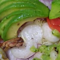 Sol Sazon Shrimp Salad · Thin shredded cabbage, tomato, avocado slices, and pickled red onions  Grilled Shrimp and av...