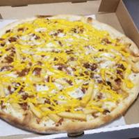 Loaded French Fries Pizza · Bacon, ranch, mozzarella and cheese whiz.