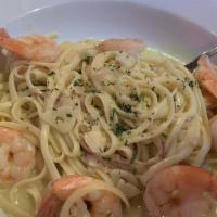 Shrimp Scampi · Over linguini or ziti yellow peppers and cherry tomatoes.