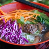 #V2 Veggie Pho · Served with mustard greens, carrots, and mushrooms.