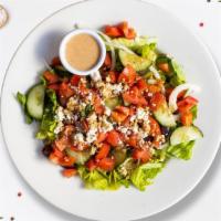 Greek Salad · Mixed greens with cucumbers, olives, cherry tomatoes, feta cheese and greek dressing. Served...