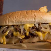 Cheesesteak · It's not just for Philly anymore. Melted American cheese topping shaved steak, accompanied b...