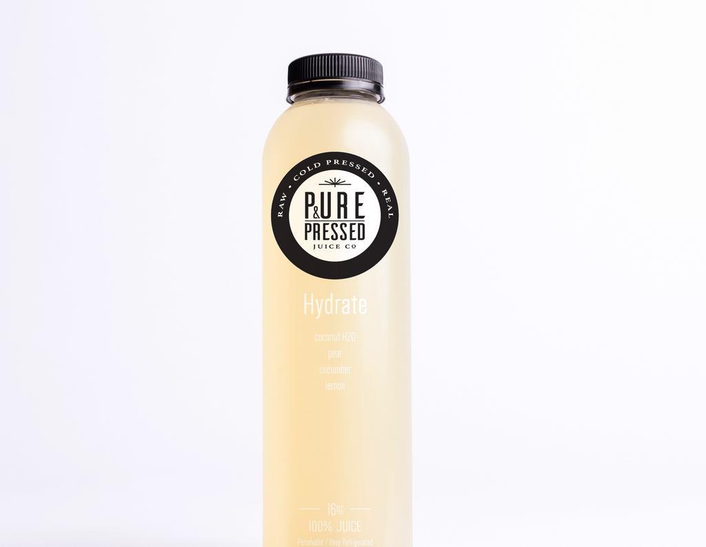 Hydrate Juice · Vegan, gluten free. Coconut H2O, pear, cucumber, and lemon.