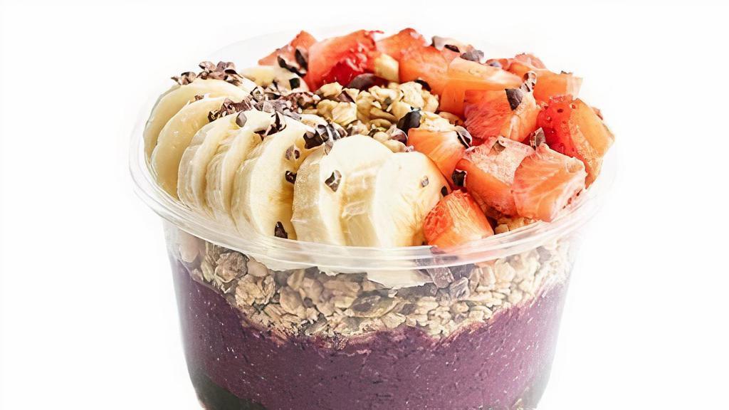 Pb&J Bowl · Favorite. Banana, strawberry, blueberry, and peanut butter blended together and topped with pumpkin seed and flax granola, banana, strawberry, cacao nib, and honey.