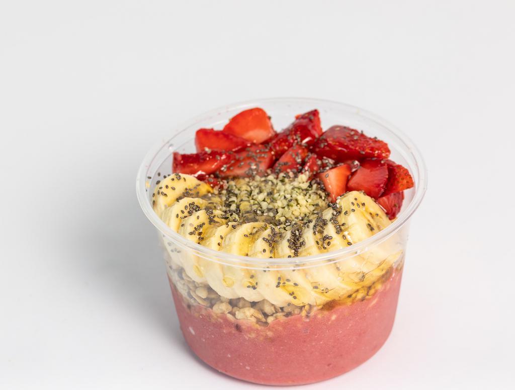 Protein Power Bowl · Vanilla protein, strawberry, and banana blended together and topped with pumpkin seed and flax granola, banana, strawberry, hemp seed, and chia seed.
