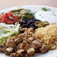 Grilled Chicken, Chicken Flautas Combo · Served with rice, beans and salad.