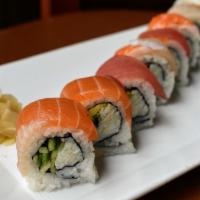 Rainbow Sushi Roll · tuna, salmon, yellowtail, shrimp over California Roll