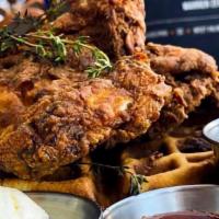 Chicken & Waffles · red pepper jam, honey-thyme butter, syrup