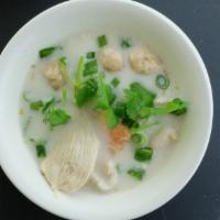 Tom Kha · Gluten free. Coconut milk broth with galangal, lemongrass, lime juice tomato, mushroom, scal...