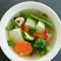 Tofu Mix Vegetable Soup  · Gluten free. Fresh tofu with mixed Vegetables, scallion, and cilantro in chicken broth (vege...