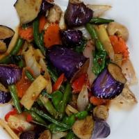 Spicy Eggplant  · Sautéed eggplant, onion, bamboo shoot, string bean, carrot bell pepper and basil leave in sp...