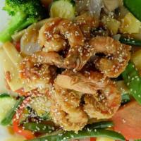 Sesame Shrimp · Crispy shrimp with sesame sauce and sesame seeds served with stir-fried mixed Vegetables. No...