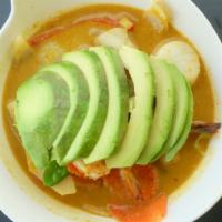 Avocado Dancing (G) · Spicy. Shrimp, scallop, and squid with onion, carrot,  bell pepper, pineapple and zucchini i...