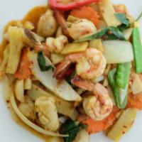Seafood Madness · Spicy. Sautéed shrimp, scallop, squid, bell pepper, onion, bamboo, mushroom and sweet basil ...