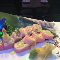 Romantic Roll · Shrimp tempura. crabmeat, avocado. Asparagus with Sweet sauce, soy bean paper wrap & Spicy s...