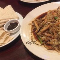 Moo Shu Vegetables · Served with choice of rice and four pancakes.