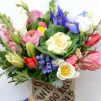 Medium Daily Hand-Tied Bouquet · Fresh, locally sourced flowers are hand-tied and wrapped in a repurposed, burlap coffee sack...