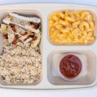 Breast Or Thigh Kids' Meal · Chicken breast, chicken thigh, or tofu with rice, a side, and your choice of sauce.
