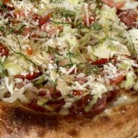 Italian Grinder Pizza · Mortadella, salami, soppressata, capicola, provolone, red onion,tomatoes, pickled hots, shav...
