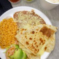 Cheese Quesadilla · Flour tortilla, lightly grilled with cheese, shredded lettuce, diced tomatoes, salsa and sou...