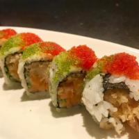 Stoplight Sushi Roll · Shrimp tempura and spicy salmon roll topped with green and red tobiko, served with spicy may...