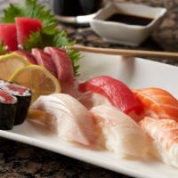 Sushi & Sashimi Combo · Five pieces sushi, nine pieces sashimi, plus tekka maki. Served with miso soup.