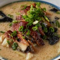 Grilled Eel Ramen · Grilled Eel, bean sprout, corn, scallions and wood ear over ramen noodle and  chicken and po...