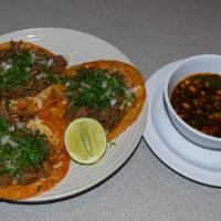 Tacos De Birria With Consome · Cheesy beef birria tacos served with its own broth. Three per order.